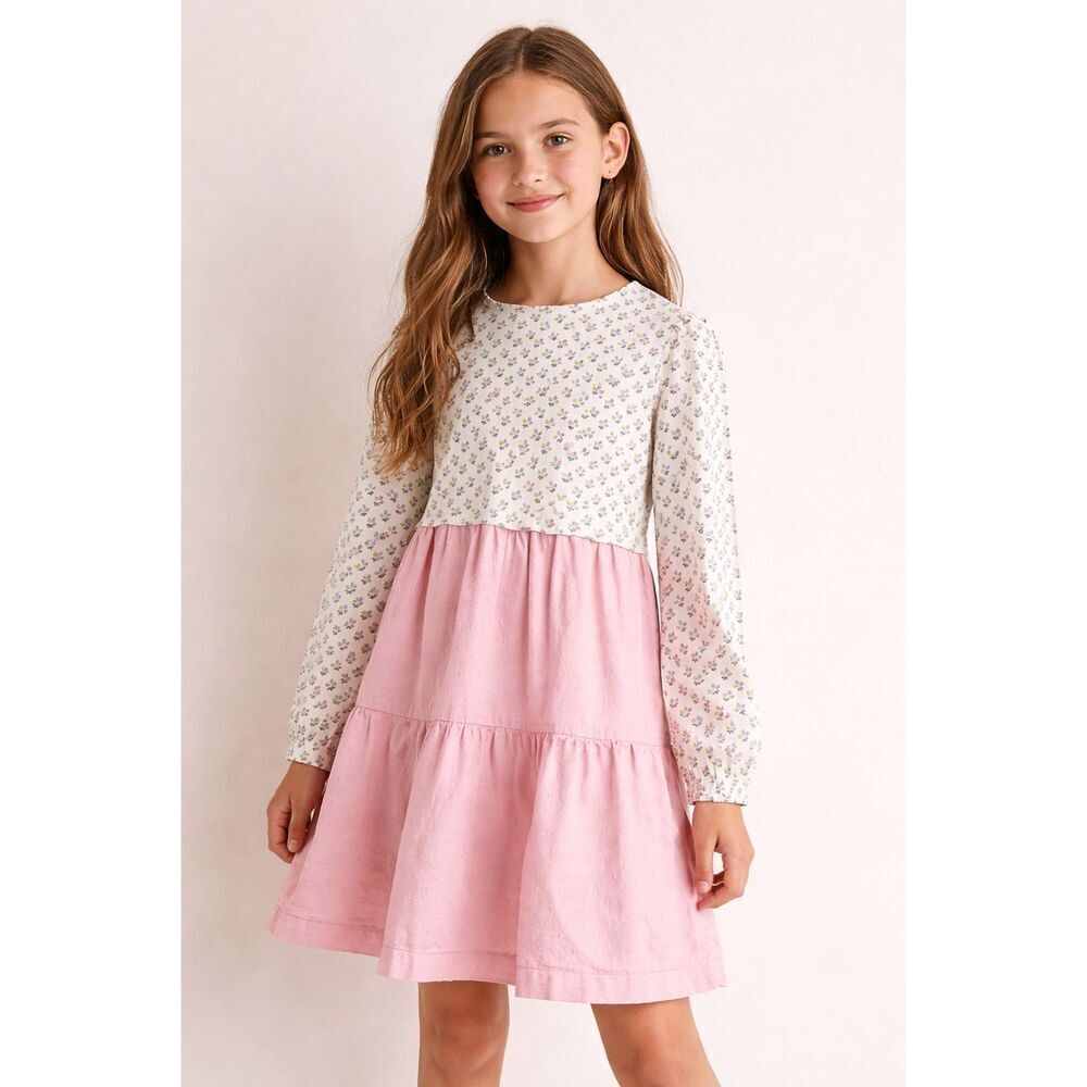 Mini Boden Floral Tiered Dress Pink Cotton Girls 11-12 Boho